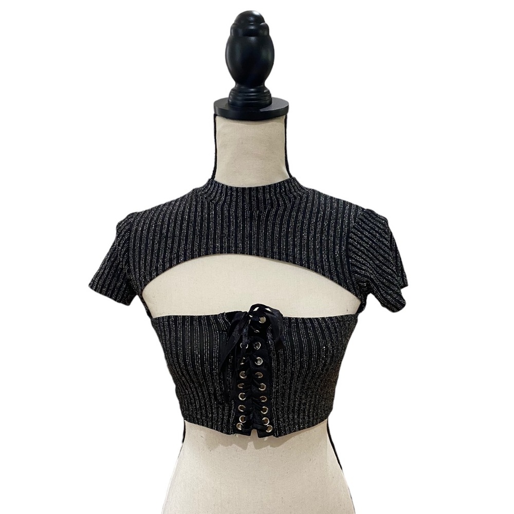 Lurex Glitter Fabric Mock Neck Corset Tee